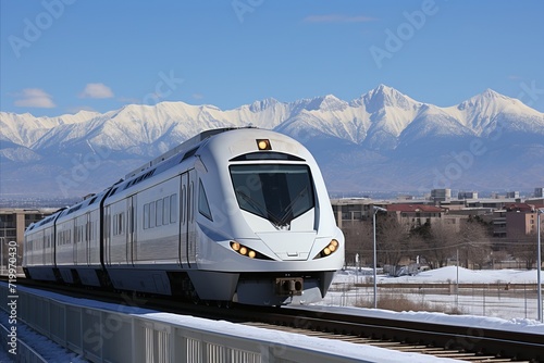 high-tech high-speed train on railway tracks against the background of mountains photo