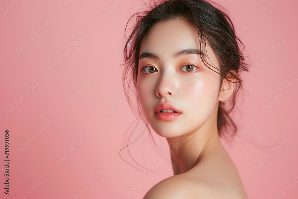 Graceful Asian Woman with Natural Makeup,Elegant portrait of a young Asian woman with soft natural makeup on a gentle pink background, embodying subtle beauty.
Graceful Asian Woman with Natural Makeup,Elegant portrait of a young Asian woman with soft natural makeup on a gentle pink background, embodying subtle beauty.