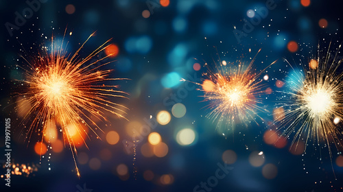 Happy New Year, burning fireworks with bokeh light background