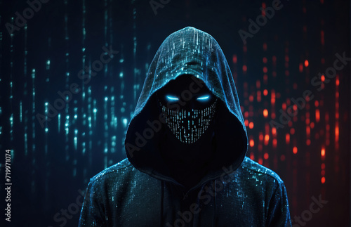 Abstract image of unrecognizable hacker cyber criminal in hood with dark space