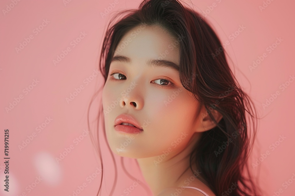 Graceful Asian Woman with Natural Makeup,Elegant portrait of a young Asian woman with soft natural makeup on a gentle pink background, embodying subtle beauty.
Graceful Asian Woman with Natural Makeup,Elegant portrait of a young Asian woman with soft natural makeup on a gentle pink background, embodying subtle beauty.