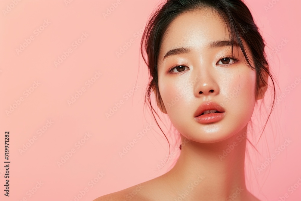 Graceful Asian Woman with Natural Makeup,Elegant portrait of a young Asian woman with soft natural makeup on a gentle pink background, embodying subtle beauty.
Graceful Asian Woman with Natural Makeup,Elegant portrait of a young Asian woman with soft natural makeup on a gentle pink background, embodying subtle beauty.