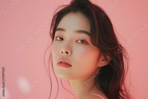 Graceful Asian Woman with Natural Makeup,Elegant portrait of a young Asian woman with soft natural makeup on a gentle pink background, embodying subtle beauty. 