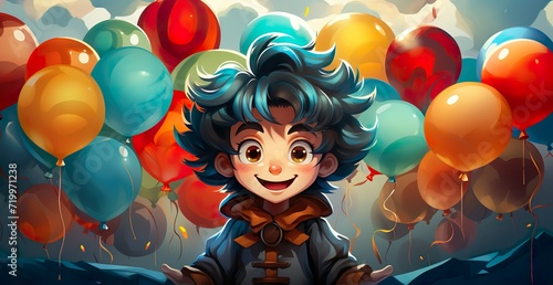 balloon whimsy: a cartoon clown's cheerful dance among vibrant hues