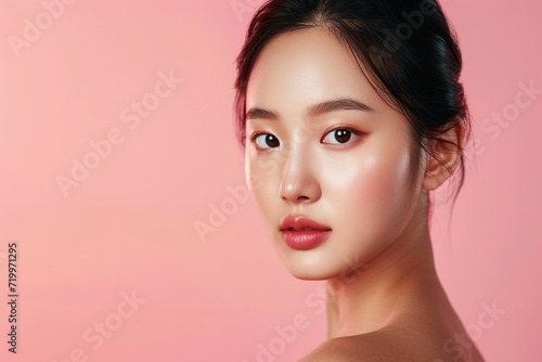 Graceful Asian Woman with Natural Makeup,Elegant portrait of a young Asian woman with soft natural makeup on a gentle pink background, embodying subtle beauty. 