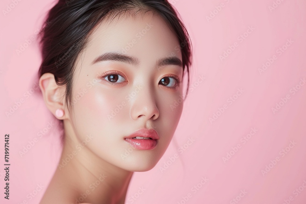 Graceful Asian Woman with Natural Makeup,Elegant portrait of a young Asian woman with soft natural makeup on a gentle pink background, embodying subtle beauty.
Graceful Asian Woman with Natural Makeup,Elegant portrait of a young Asian woman with soft natural makeup on a gentle pink background, embodying subtle beauty.