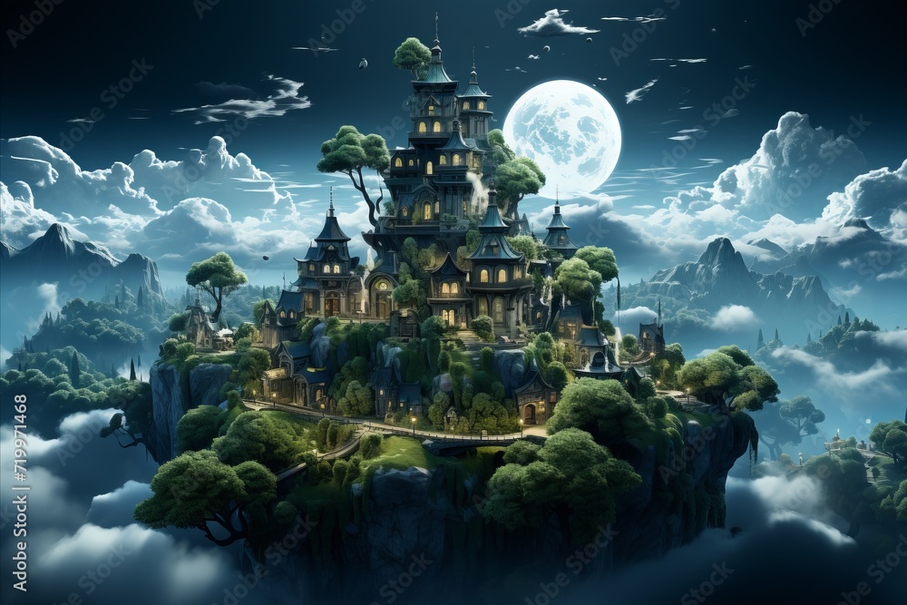 Fantasy landscape with fantasy castle and full moon