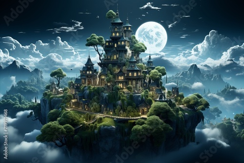 Fantasy landscape with fantasy castle and full moon © anwel