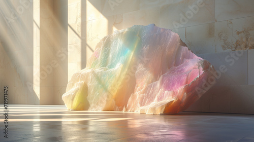 Pierre opale de taille gigantesque reflète le soleil dans un intérieur design, art contemporain et maison d'architecte photo