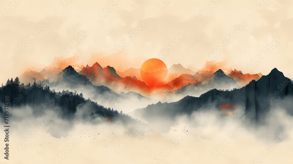 Fond d'écran ou arrière-plan aquarelle avec un coucher ou lever de soleil sur un relief montagneux, wallpaper ou pochette d'album, inspiration japonisme - obrazy, fototapety, plakaty 