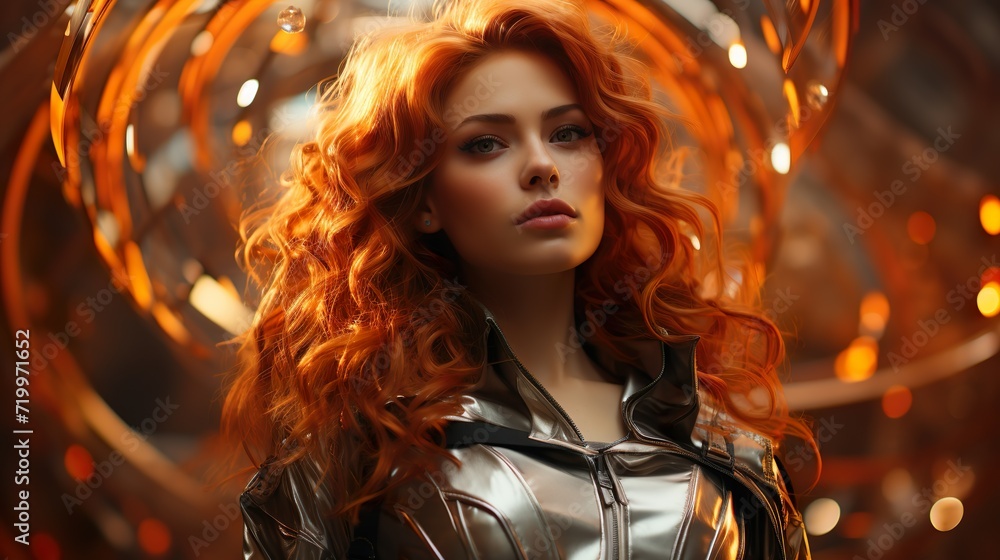 Fototapeta premium Intense Portrait of Red-Haired Woman in Silver Jacket