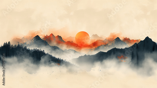 Fond d'écran ou arrière-plan aquarelle avec un coucher ou lever de soleil sur un relief montagneux, wallpaper ou pochette d'album, inspiration japonisme