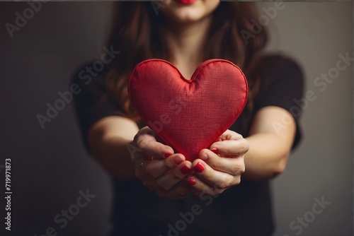 Young woman hands holding red heart, valentine day concept