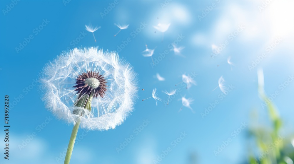 Close-up of a sunlit dew-kissed dandelion against a bright blue sky depicting essence of joy and lightness