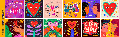 Creative vector collection of illustrations for theme of love. Valentines Day illustrations. Collection of 12 bright funny greeting cards with hearts and people for Valentines Day