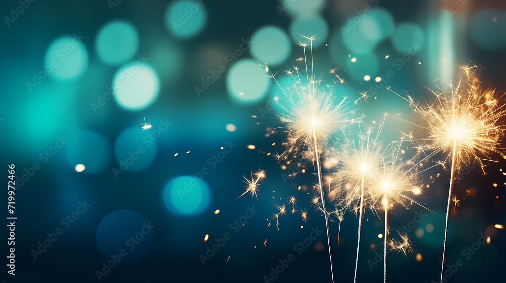 Happy New Year, burning fireworks with bokeh light background Happy New Year, burning fireworks with bokeh light background