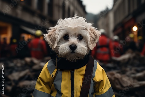 Wallpaper Mural portrait of a puppy dressed in a firefighter's uniform against the background of rescuers Torontodigital.ca