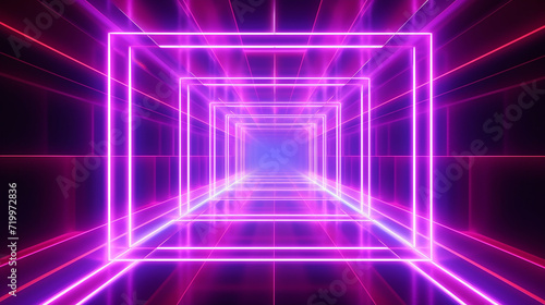 3D render ultraviolet neon square portal glowing line. Generative AI