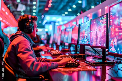 Young gamer intensely playing an esports video game at a competitive gaming event with multiple monitors and neon lights. photo