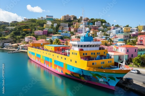 A container ship sails across the ocean, with a tropical island in the background