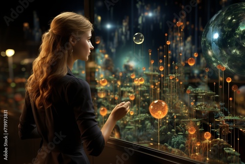 Attractive young woman looking at futuristic cityscape from window