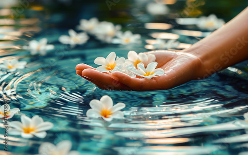 A serene image of a hand gently holding floating plumeria flowers in a calm water setting, symbolizing peace and relaxation. photo