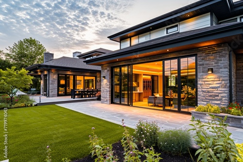 Luxury modern home exterior at dusk with illuminated interiors, well-kept garden, and spacious backyard patio.