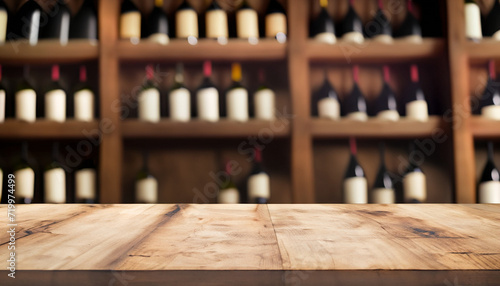 wine cellar wood table, dark blur background for poster banner invitation design