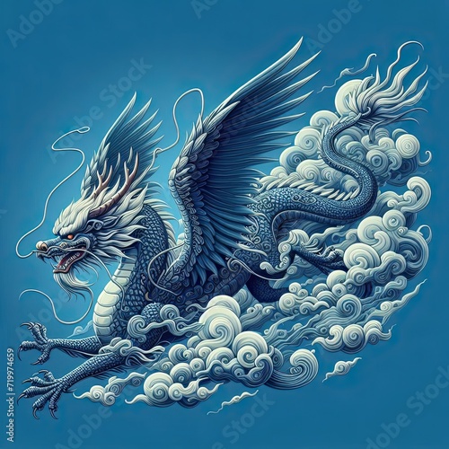 Beautiful flying Chinese dragon on a blue background . Chinese new year decoration . 