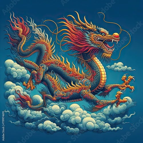 Beautiful flying Chinese dragon on a blue background . Chinese new year decoration .  © pascalkphoto