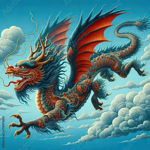 Beautiful flying Chinese dragon on a blue background . Chinese new year decoration . 
