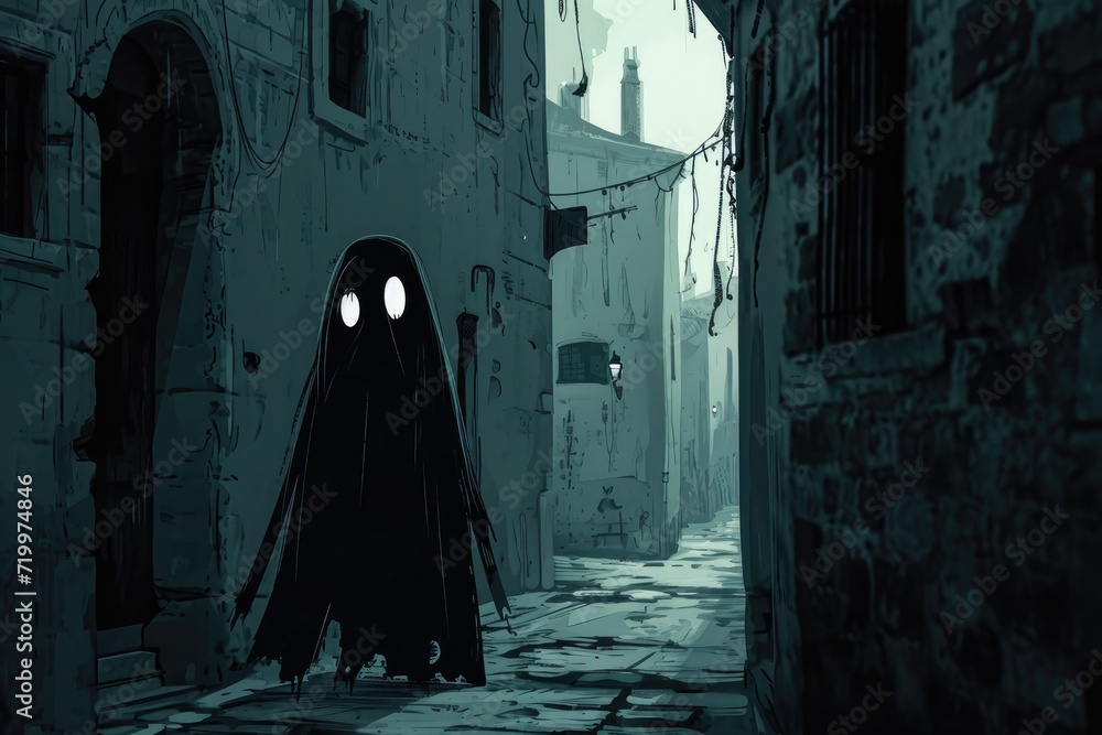 A mysterious figure in a ghost costume standing in a dimly lit alleyway illustration of a ghost A mysterious figure in a ghost costume standing in a dimly lit alleyway illustration of a ghost
