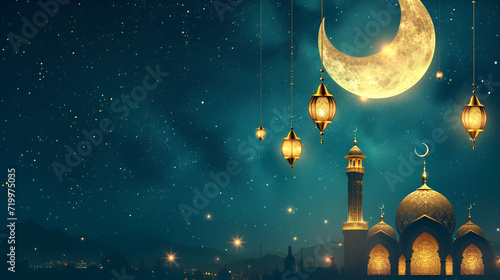 Realistic eid mubarak islami greeting banner background. generative ai