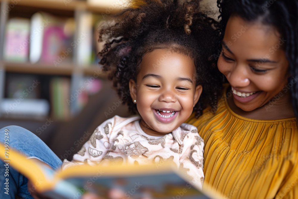 Joyful family moment with mother and daughter reading together. Generative AI. Joyful family moment with mother and daughter reading together. Generative AI.