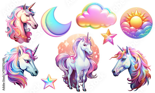 set , clip art, unicorns, clouds, sun, moon, cartoon, children's. nursery set of  elements, stickers. Isolated unicorns, rainbows, clouds, stars, etc are good for prints, cards, posters, kids apparel, © Nadezhda