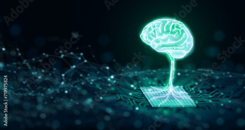 Ai chipset with human brain on computer circuit board. Artificial intelligence, Data mining, and Deep learning modern computer technology. Ai CPU concept. 3D Rendering. photo
