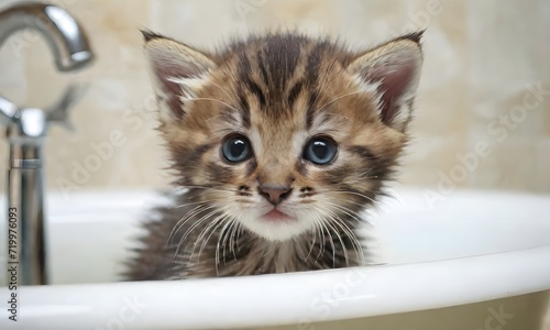 Cute kitten taking a bath
