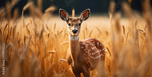 Young whitetail deer doe in a wheat field at sunset, Young whitetail deer standing in the field of wheat at sunset photo