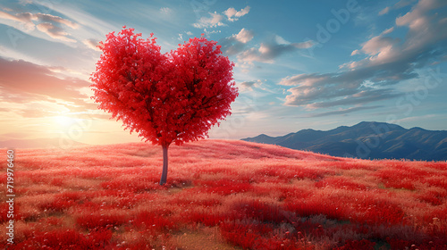 Tree of love. Red heart-shaped tree landscape. Valentine s Day background. generative Ai