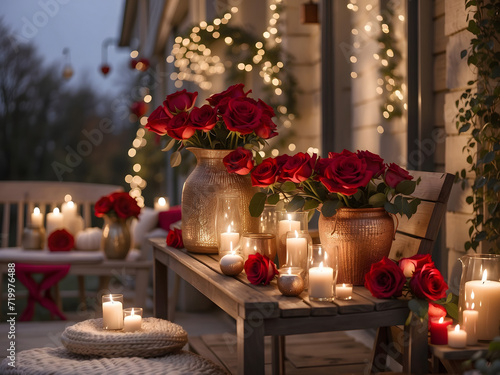 Perfect romantic outdoor evening table decorations with red roses and candles