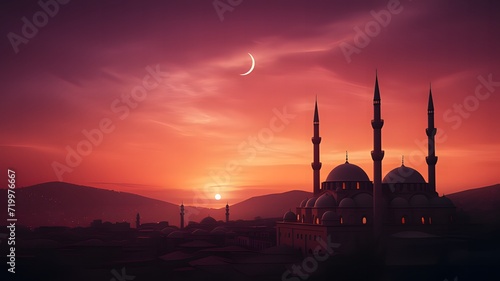 Silhouette of a majestic mosque against a vibrant sunset, warm hues of orange and pink, with ample copy space for text, capturing the beauty and serenity of the evening prayer
