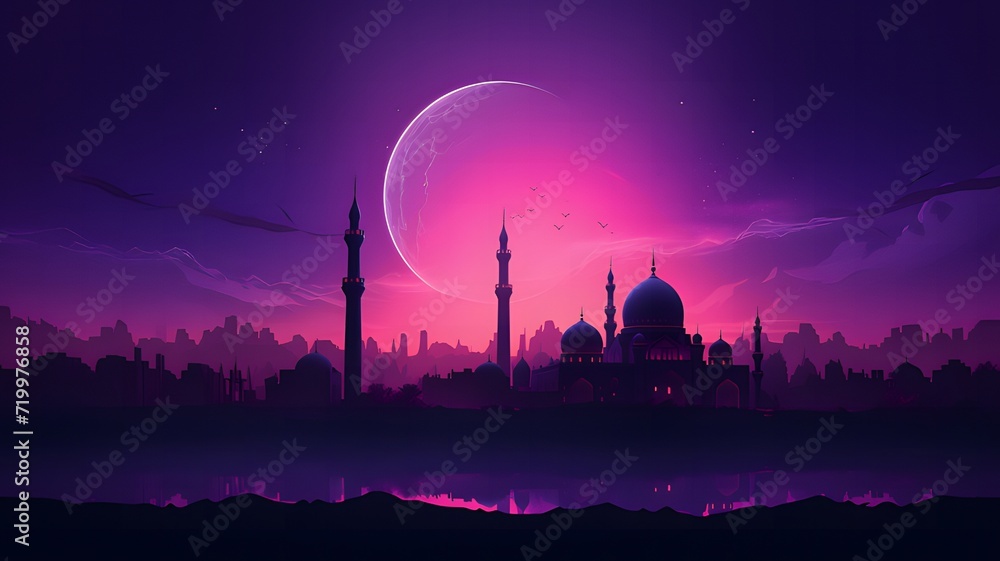 Obraz premium Sunset silhouette of an intricate mosque, set against a rich purple sky, with a tranquil atmosphere and generous space for text, perfect for conveying peaceful blessings