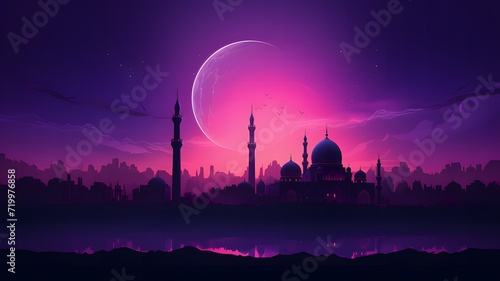 Sunset silhouette of an intricate mosque, set against a rich purple sky, with a tranquil atmosphere and generous space for text, perfect for conveying peaceful blessings