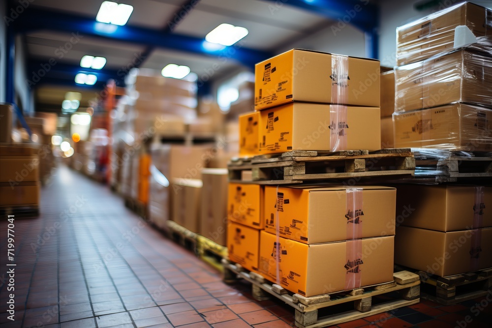a huge warehouse of a transport company with high racks, parcel loaders work in the warehouse a huge warehouse of a transport company with high racks, parcel loaders work in the warehouse