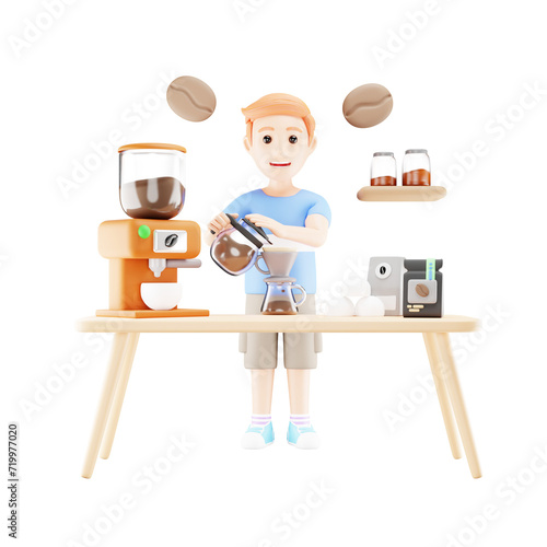 3D Cartoon Character Illustration of a Young Boy Making Coffee