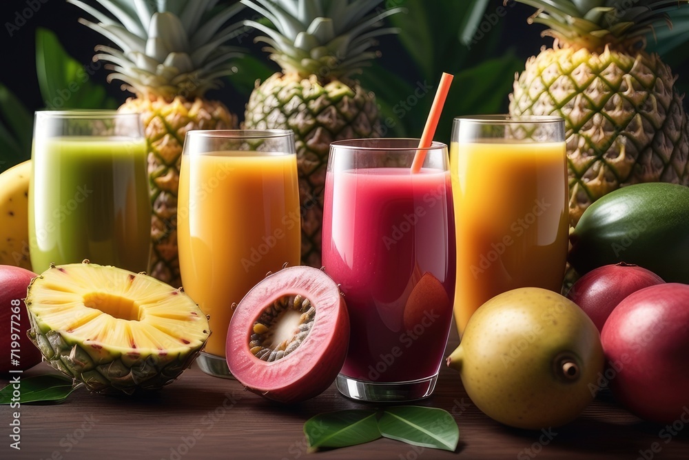 Tropical fruit juices in glasses on wooden table, closeup Tropical fruit juices in glasses on wooden table, closeup