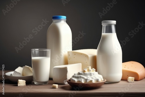 Milk products on wooden table. Dairy products on dark background