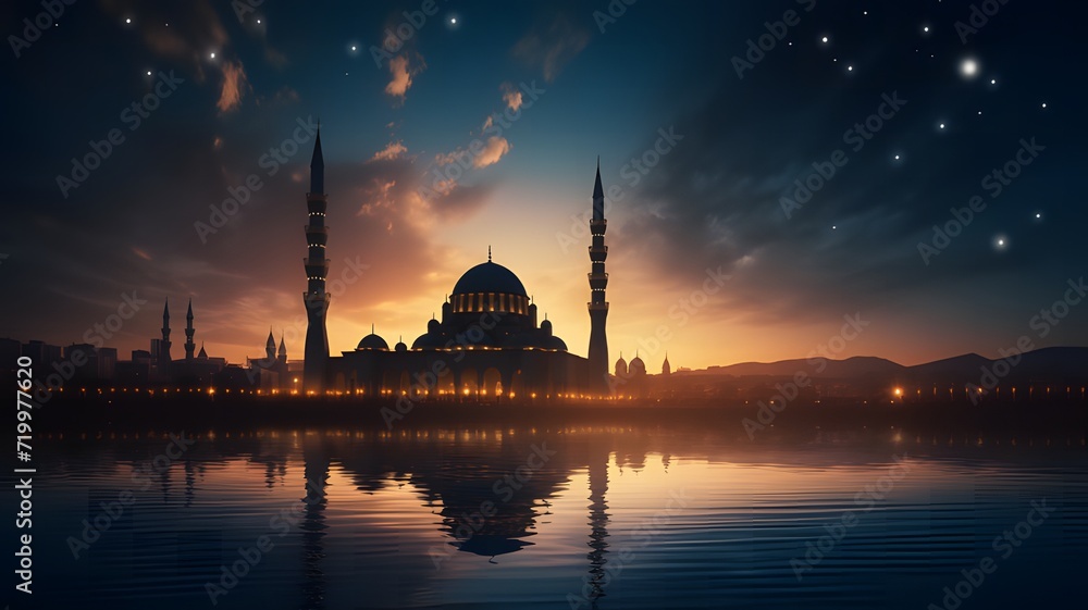 Dramatic silhouette of a unique mosque at sunset, bathed in deep blue and gold tones, offering a stunning backdrop with open space for personalized text or messages