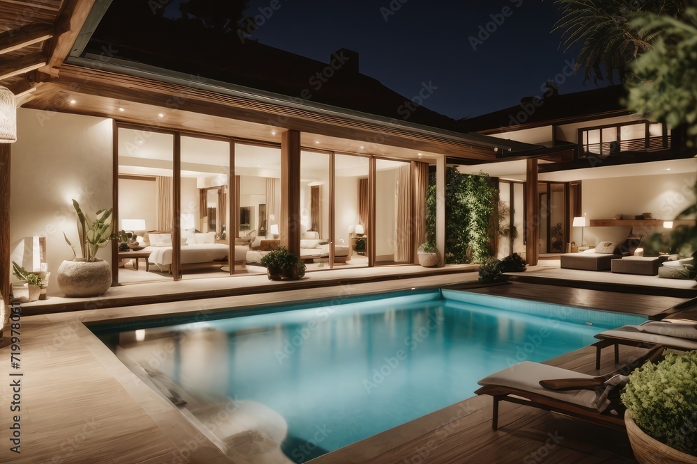 luxury swimming pool at night