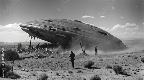 A 1950s black and white photograph depicting two men standing in front of a crashed flying saucer UFO in the middle of a desert photo